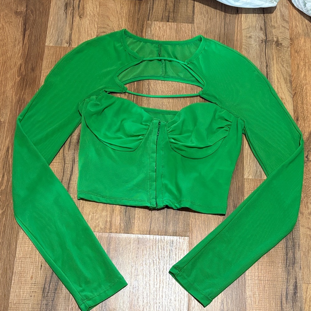 Vibrant Green Cut-Out Long Sleeve Blouse – SHEIN – Small